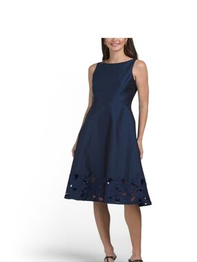 Adrianna Papell Size 14 Navy Sleeveless A-Line Midi Dress with Laser-Cut Hem